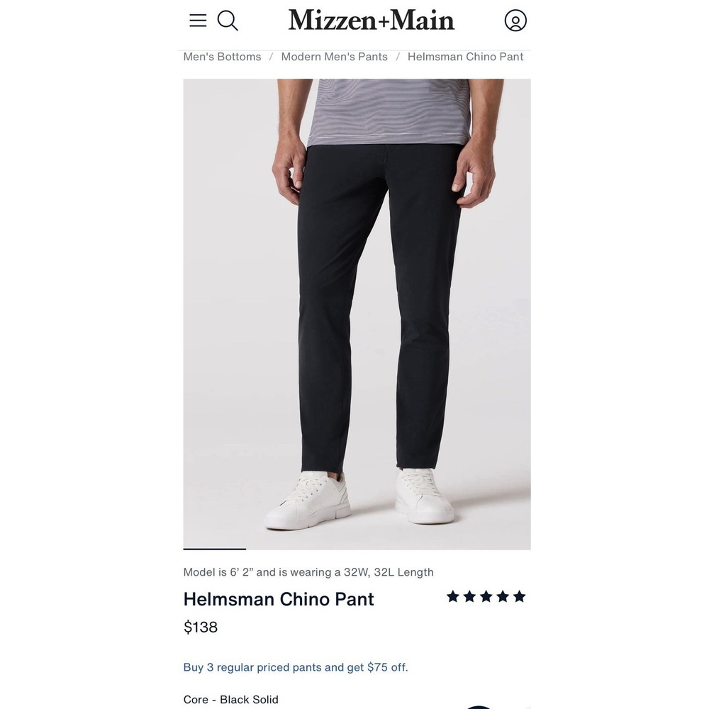 Mizzen + Main Helmsman Chino / Dress Pants Black 38W X 32L Slim - New